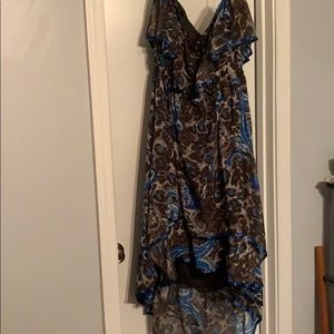 Blue and brown paisley print high low dress
